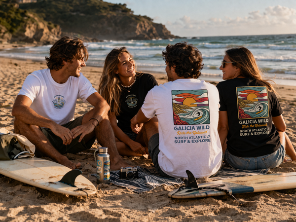 Grupo de amigos con camisetas Galicia Wild de Nómadas 24/7 junto al mar