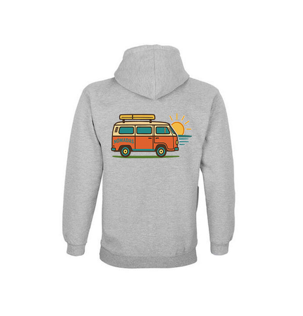 Vista trasera de la sudadera gris Road Trip con diseño de furgoneta