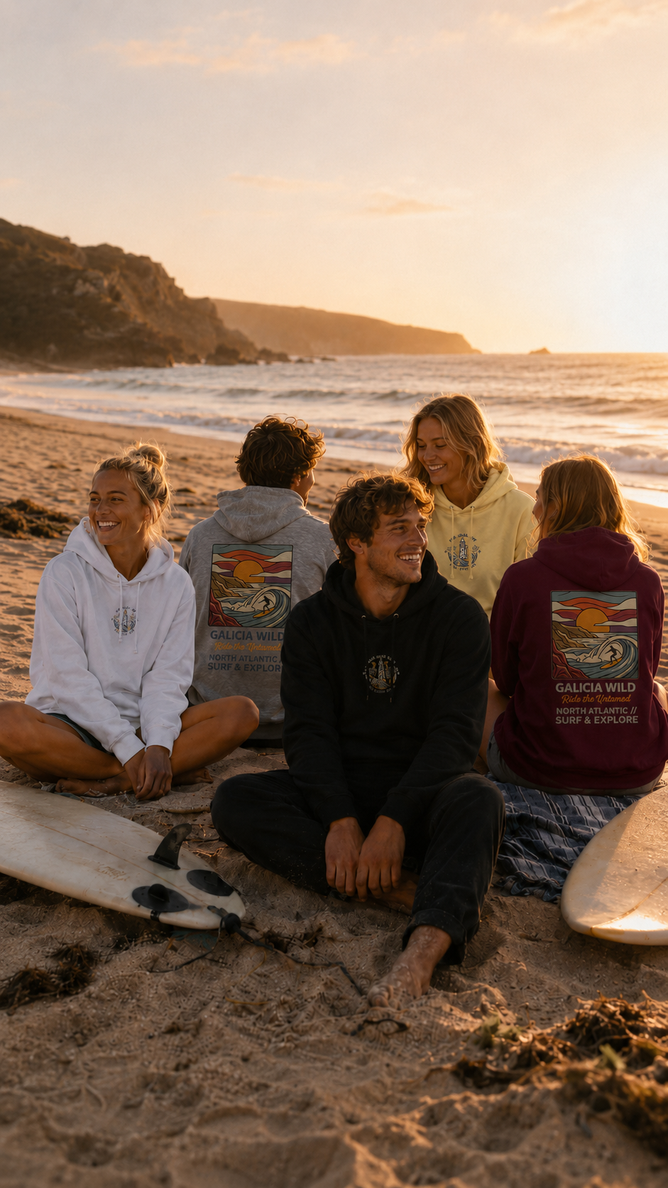 Grupo de amigos con sudaderas Galicia Wild de Nómadas 24/7 junto al mar