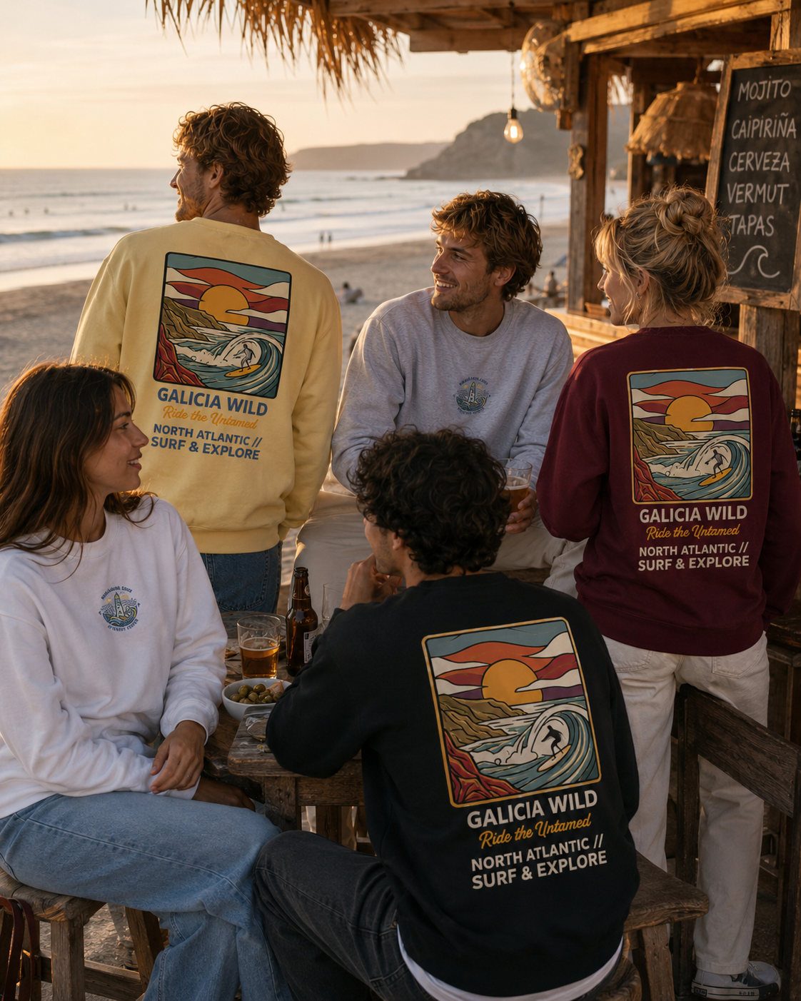 Grupo de amigos con sudaderas Galicia Wild sin capucha junto al mar
