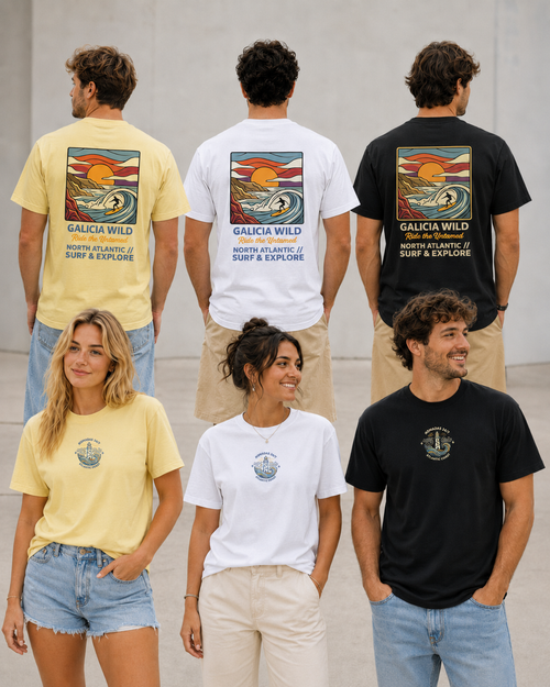 Grupo de modelos con camisetas Galicia Surf Oversize de Nómadas 24/7