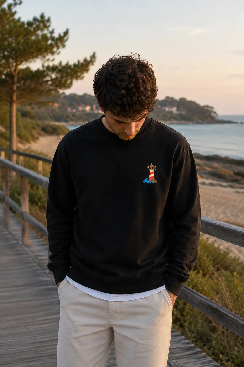 Modelo con sudadera negra Verano 24/7 junto al mar