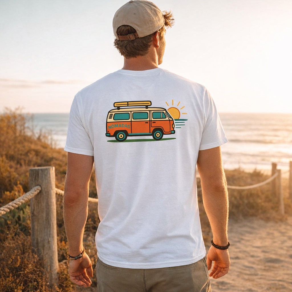Modelo de espaldas con camiseta blanca Road Trip Classic junto al mar