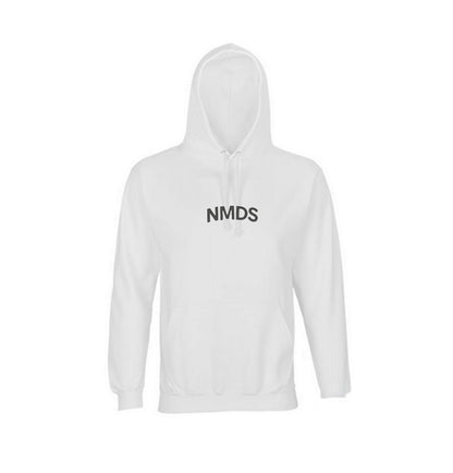 Sudadera NMDS blanca con capucha vista frontal unisex
