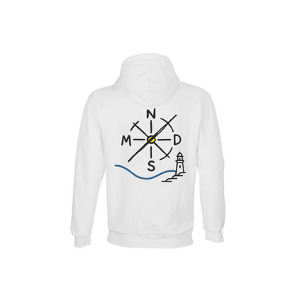Sudadera Nómadas 24/7 blanca con capucha vista trasera con logo
