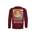 Vista trasera de la sudadera burdeos Galicia Wild con diseño de surf