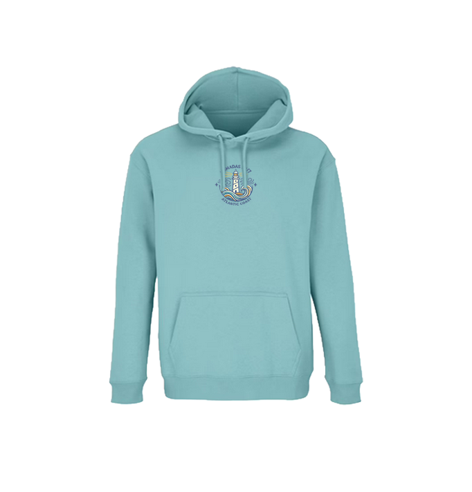 Vista frontal de la sudadera azul Galicia Wild con capucha