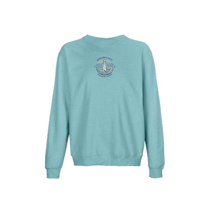 Vista frontal de la sudadera azul Galicia Wild con diseño de surf