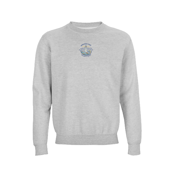 Vista frontal de la sudadera gris Galicia Wild con diseño de surf