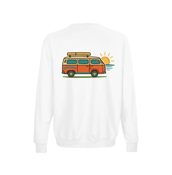 Vista trasera de la sudadera blanca Road Trip con diseño de furgoneta