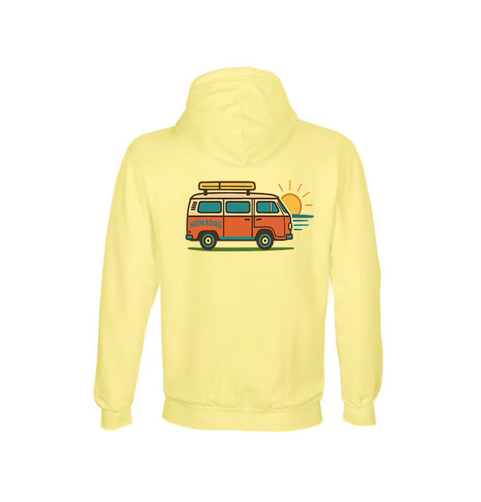 Vista trasera de la sudadera amarilla Road Trip con diseño de furgoneta
