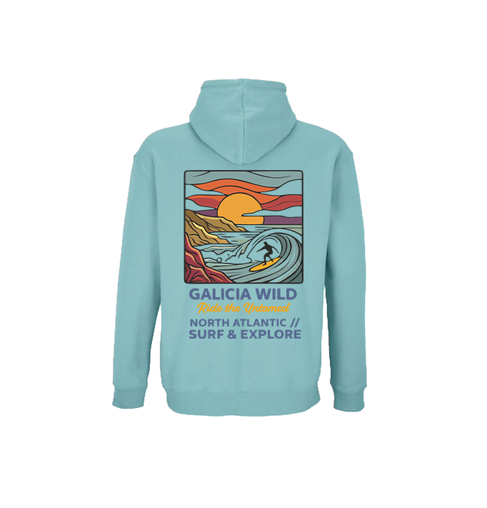 Vista trasera de la sudadera azul Galicia Wild con capucha