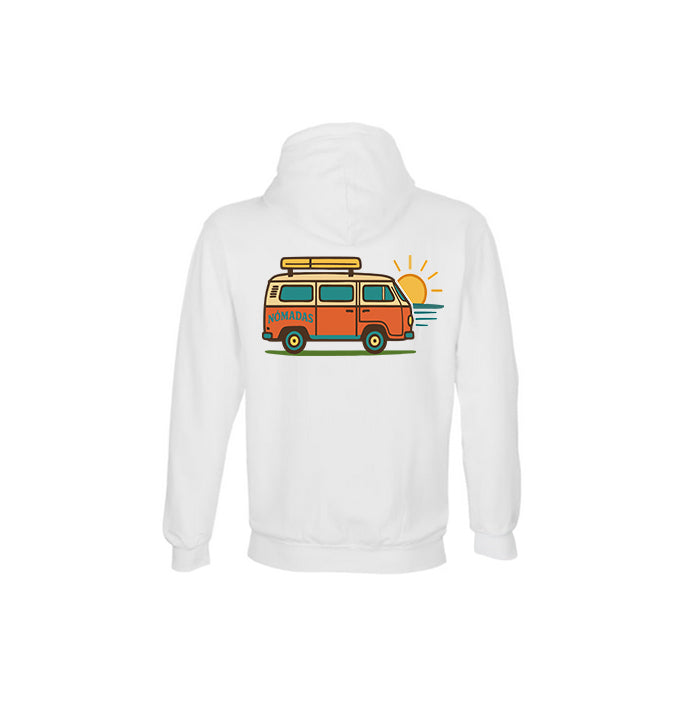 Vista trasera de la sudadera blanca Road Trip con diseño de furgoneta