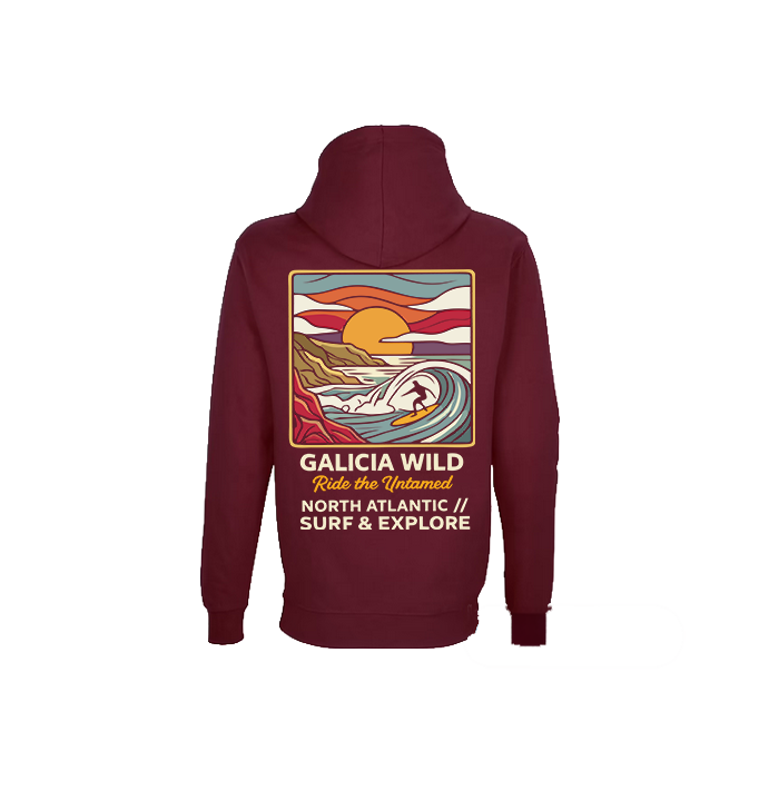 Vista trasera de la sudadera granate Galicia Wild con diseño de surf