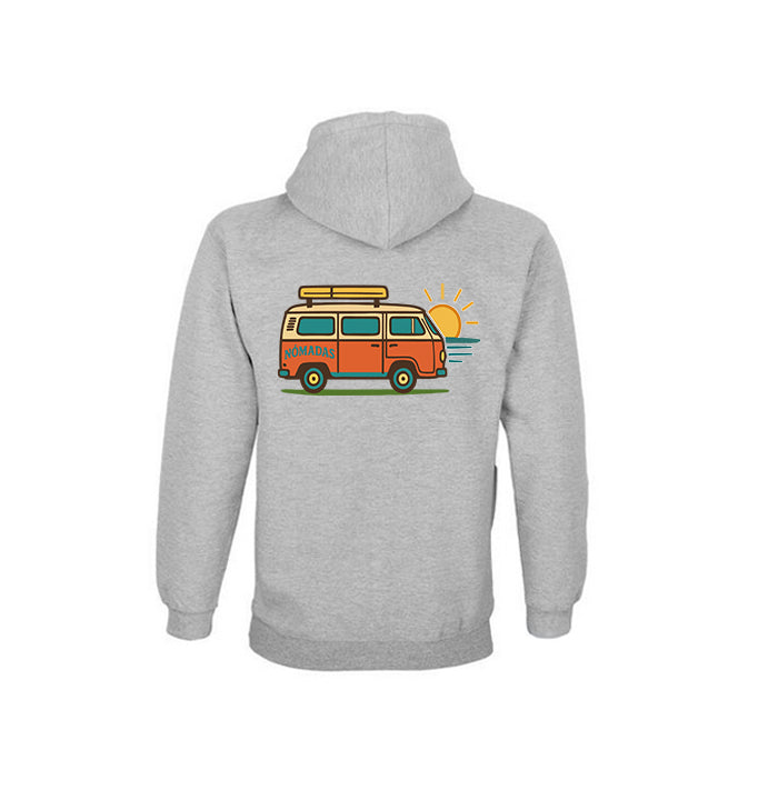 Vista trasera de la sudadera gris Road Trip con diseño de furgoneta