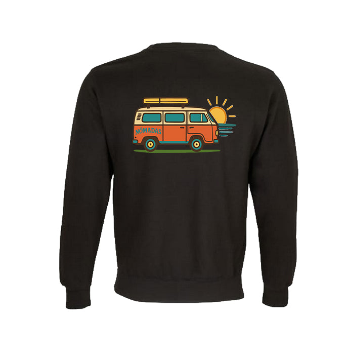 Vista trasera de la sudadera negra Road Trip con diseño de furgoneta