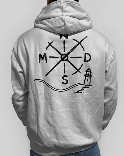 Sudadera Nómadas 24/7 gris con capucha vista trasera detalle